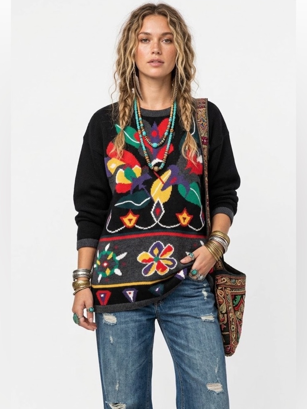 Vintage Abstract Floral Wool Blend Sweater Creative Cottagecore Cozycore Retro